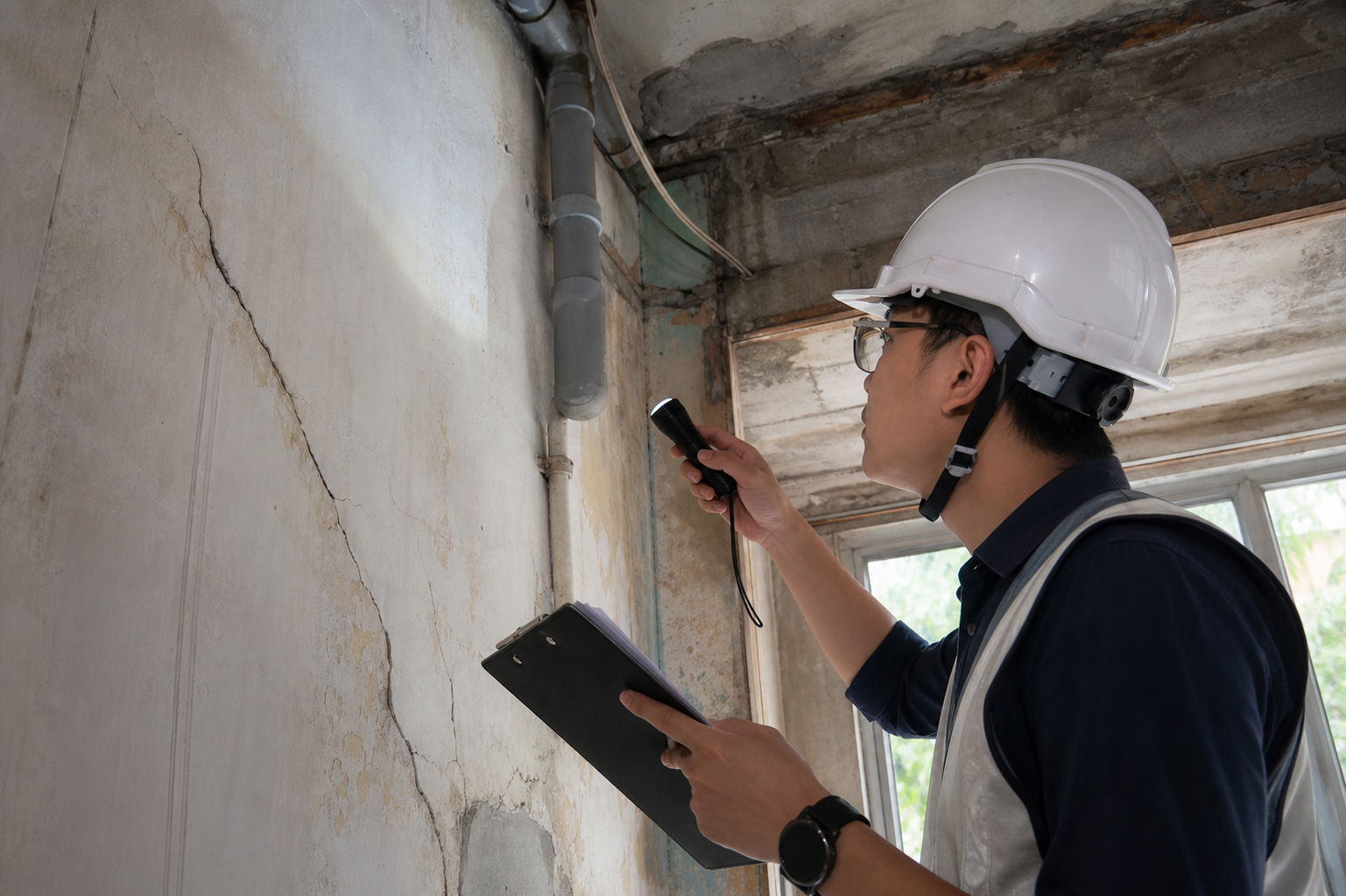 Kỹ sư kiểm tra nhà cũ trước cải tạo